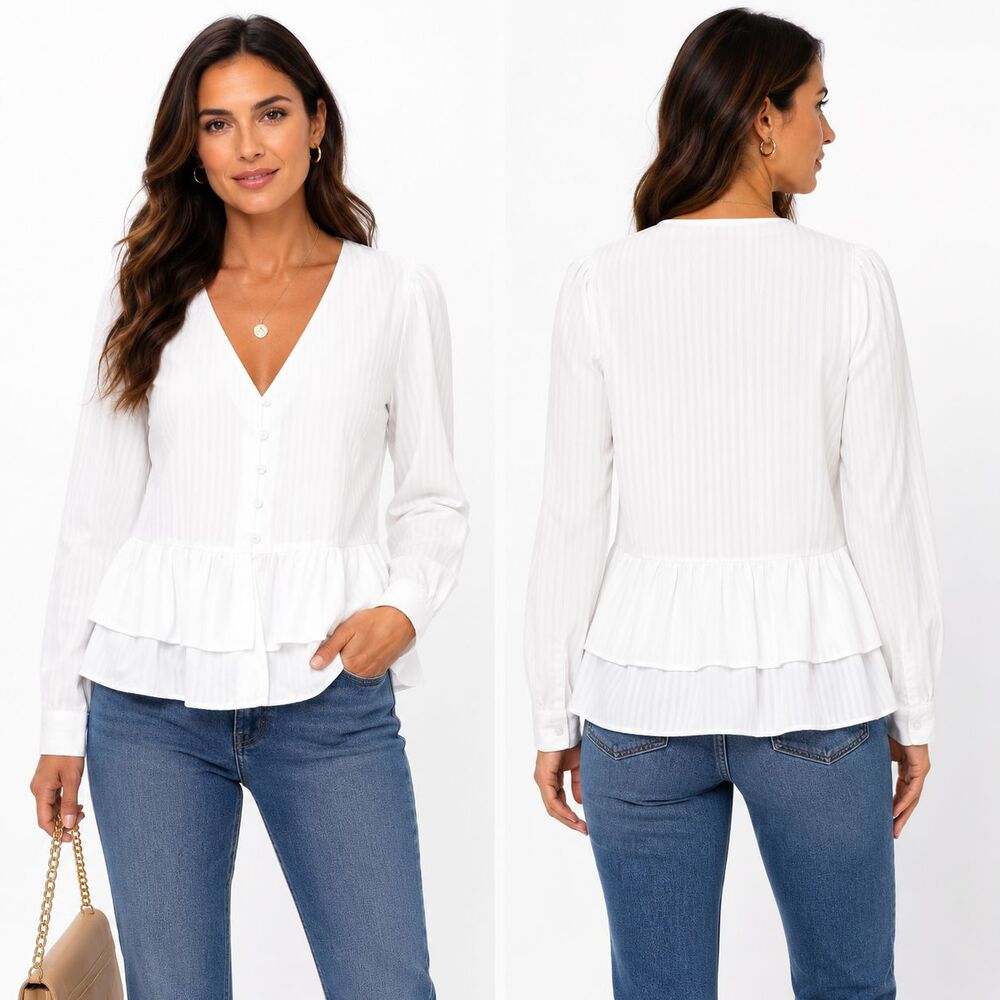 Yumi Kim XL White Breaking Hearts Striped V-Neck Peplum Blouse Top  TP-19414